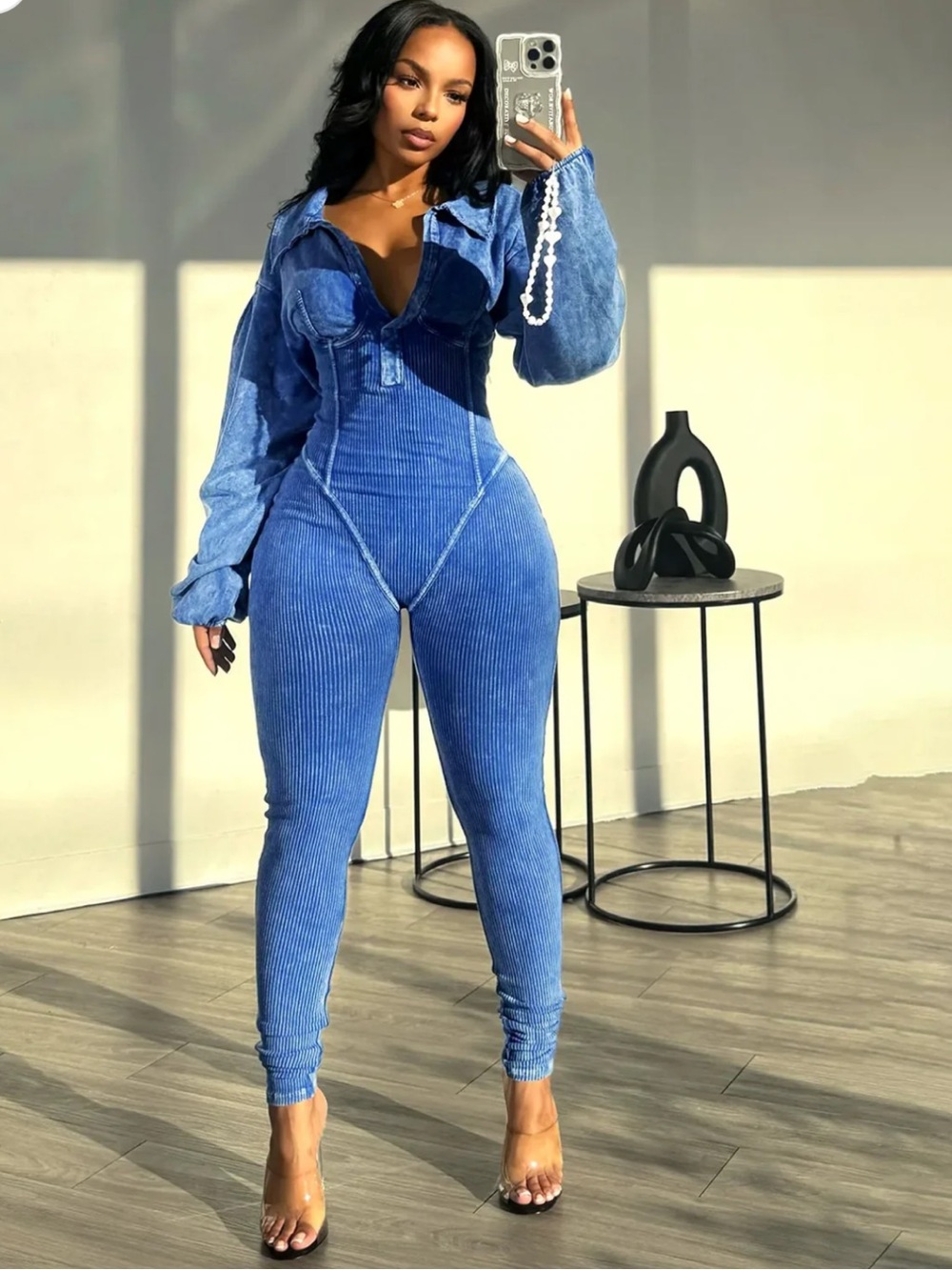 Blue Acid Wash Ribbed Corset Jumpsuit Moto Jumper